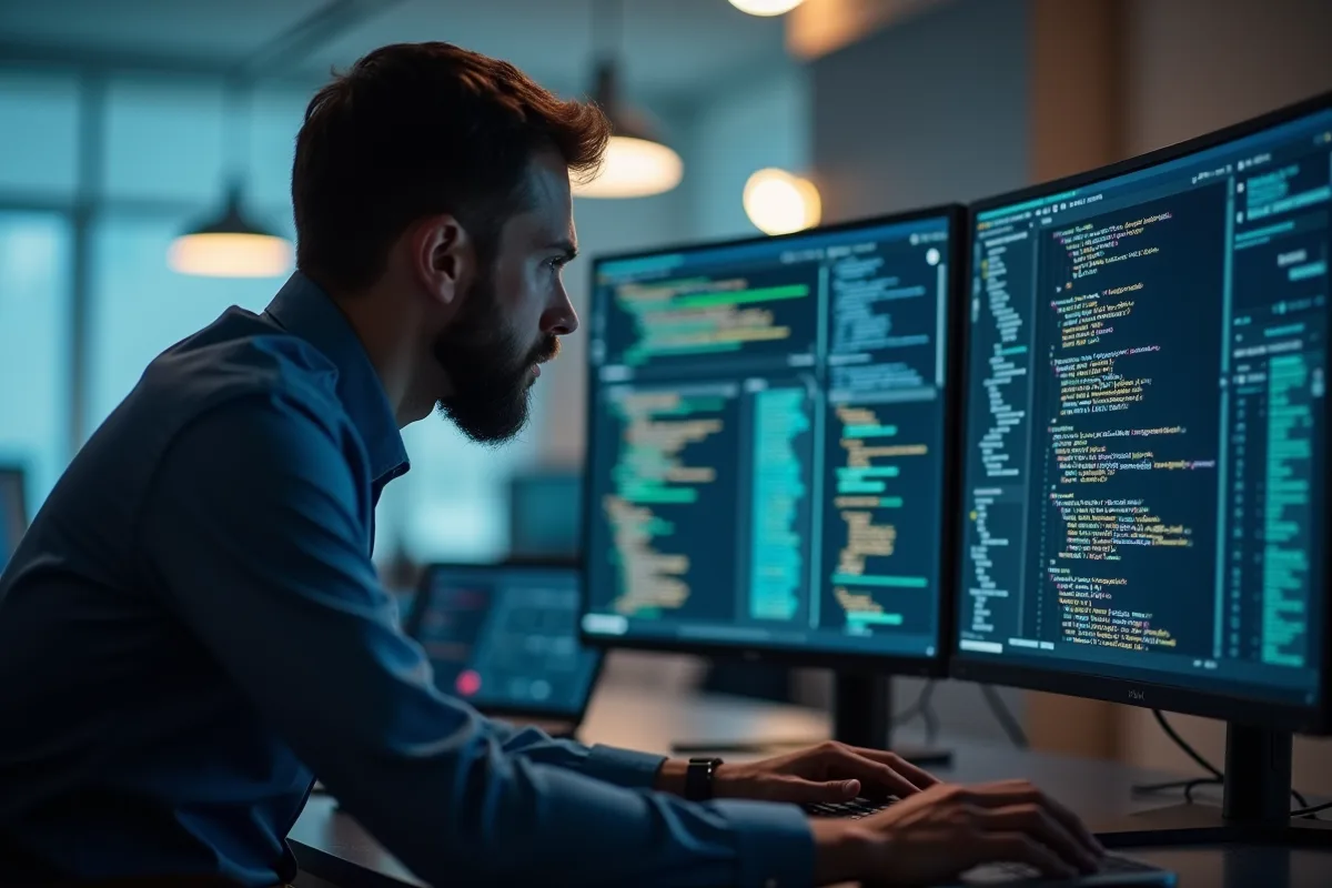 Personne analysant code et données SEO sur grand écran