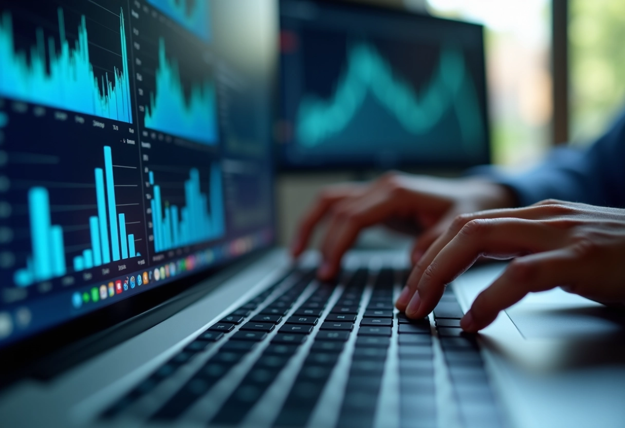 Zoom sur ecran avec analytics seo et mains tapant au clavier