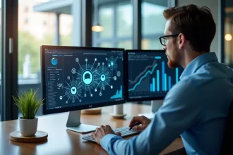 Personne analysant un écran avec liens et graphiques pour SEO
