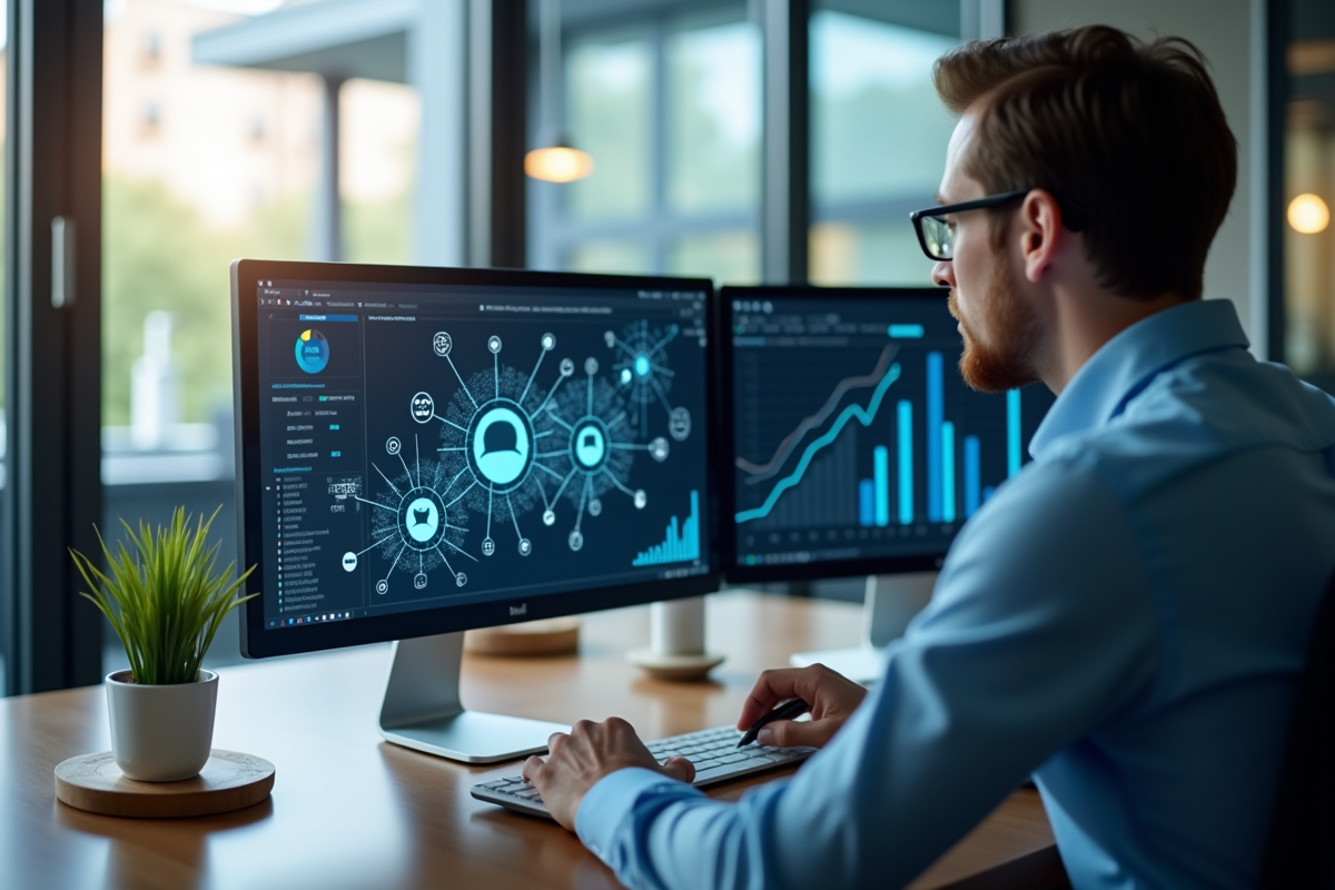 Personne analysant un écran avec liens et graphiques pour SEO