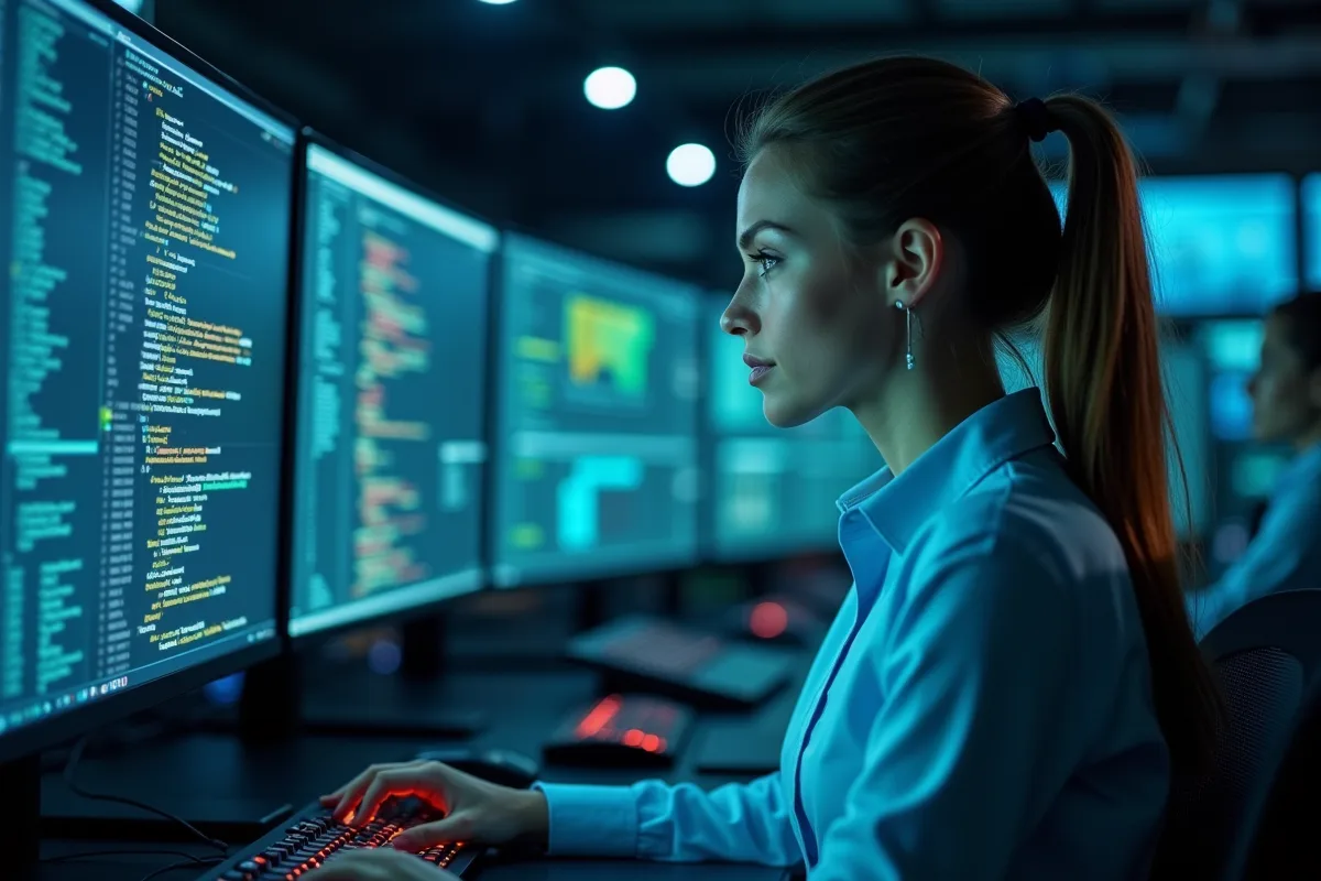 Analyste cybersécurité examinant du code sur un grand écran