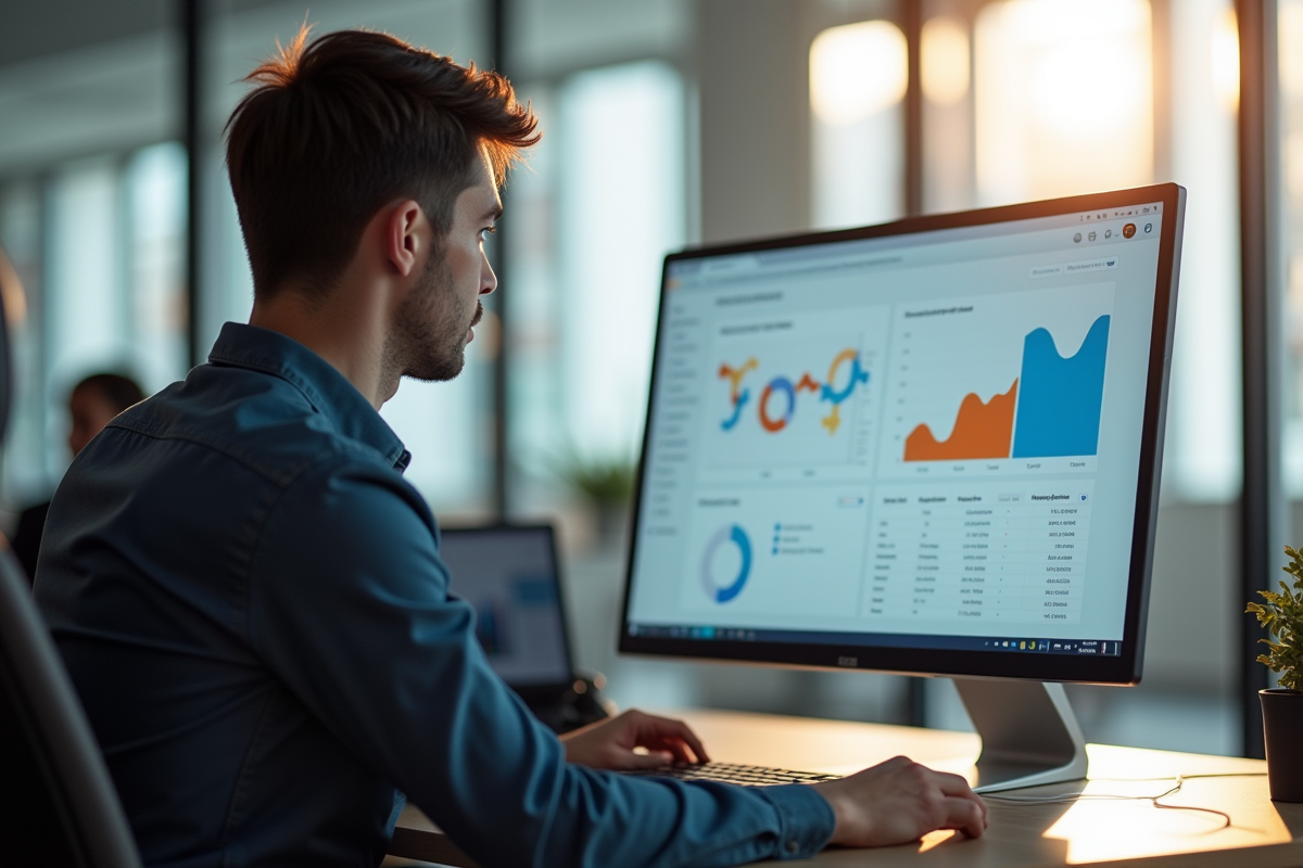 Jeune professionnel analysant des données web dans un bureau lumineux