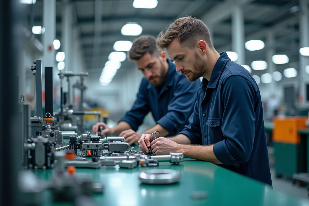 Deux ingénieurs assemblant des composants d'automatisation industrielle