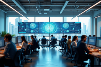 Bureau open space moderne avec professionnels et écrans numériques