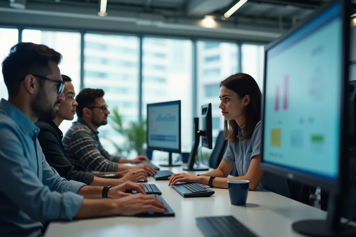 Espace de bureau moderne avec équipe collaborant sur automatisation