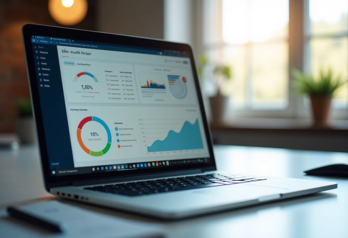 Espace de travail moderne avec écran d'audit SEO lumineux
