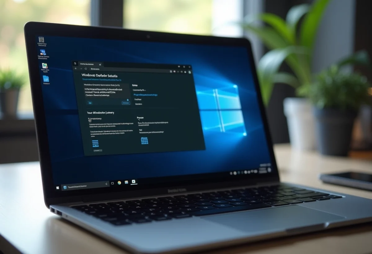 Bureau avec ordinateur affichant Windows Defender en lumière naturelle