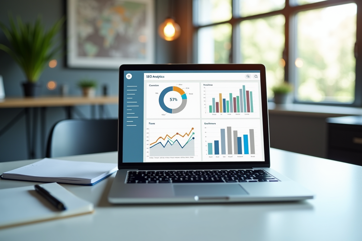 Bureau moderne avec ordinateur affichant des graphiques SEO