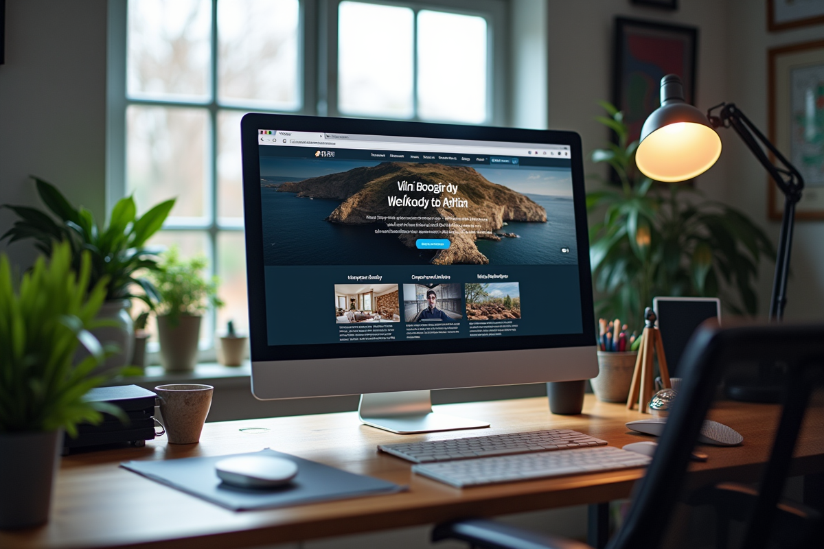 Bureau moderne avec moniteur affichant une page web détaillée