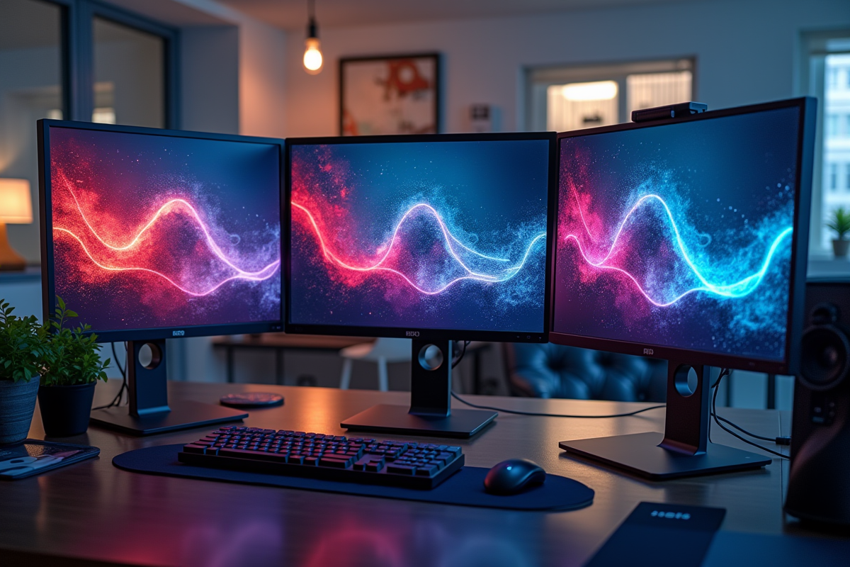 Bureau moderne avec trois écrans calibrés pour l'article