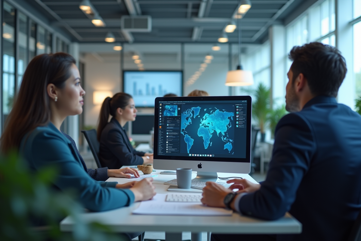 Bureau moderne avec employés collaborant autour d'ordinateurs pour service client