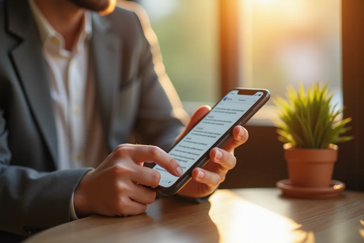 Personne au café tenant un smartphone avec longue conversation SMS