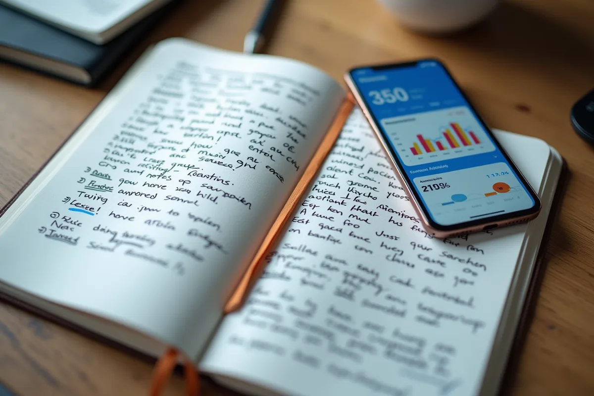 Carnet avec notes SEO et smartphone affichant des analyses