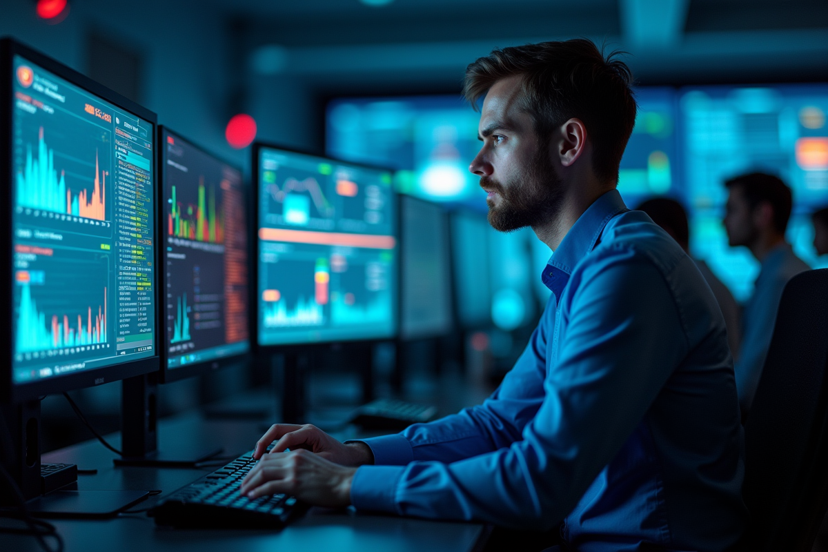 Centre de cybersécurité avec analystes surveillant des écrans