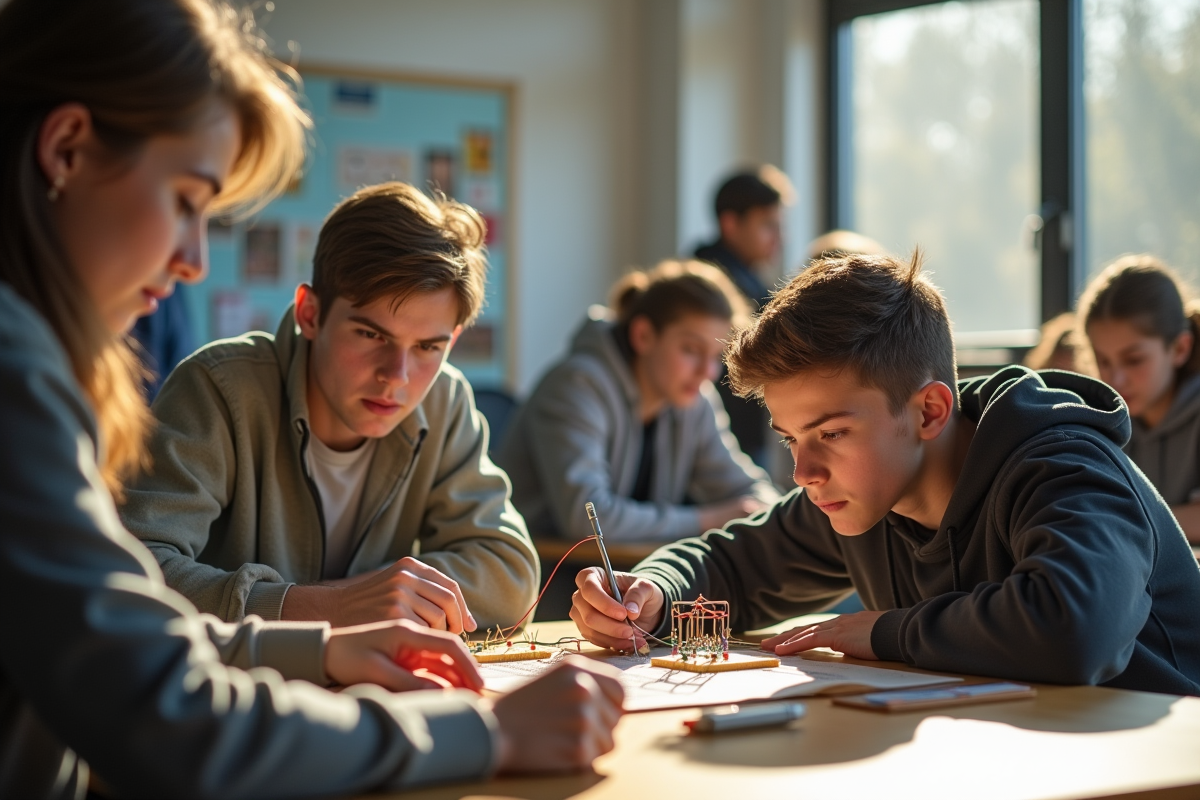 Étudiants en classe de sciences travaillant sur un breadboard
