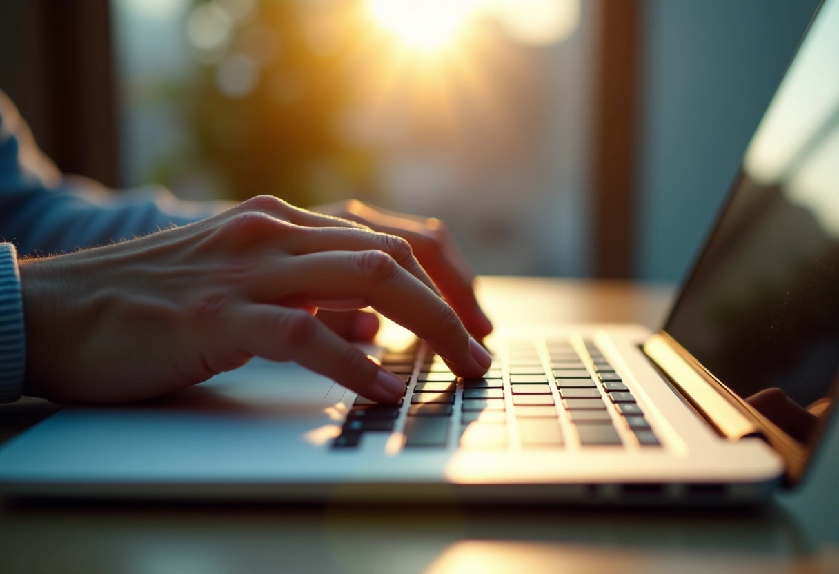 Mains tapant des mots-clés SEO sur un clavier d