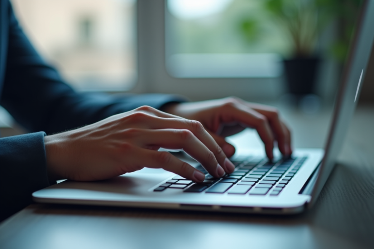 Mains tapant un mot de passe fort sur un clavier d'ordinateur dans un bureau lumineux