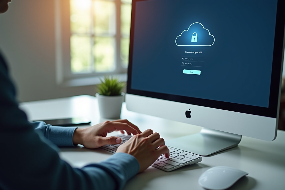 Mains tapant sur un clavier avec écran de connexion cloud