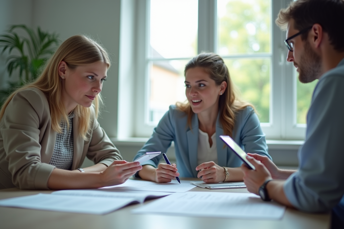 Trois collègues en réunion dans un bureau lumineux
