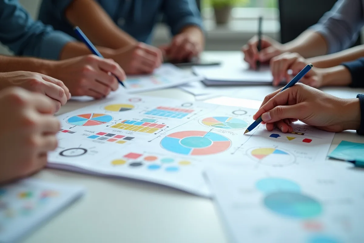 Mains diverses collaborant sur des esquisses de design UX colorées