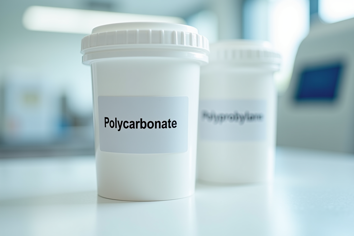 Conteneurs en polycarbonate et polypropylene sur table de labo