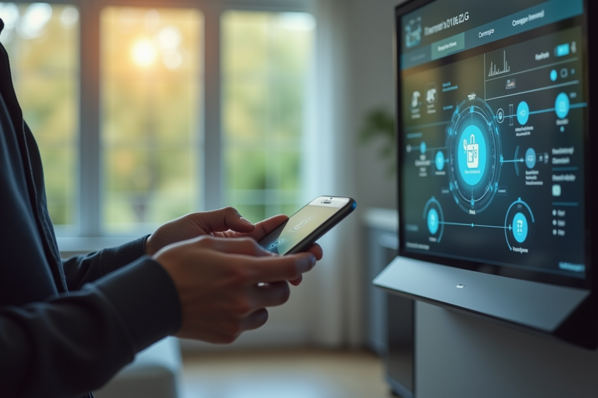 Personne utilisant un smartphone pour controler des appareils IoT dans une maison