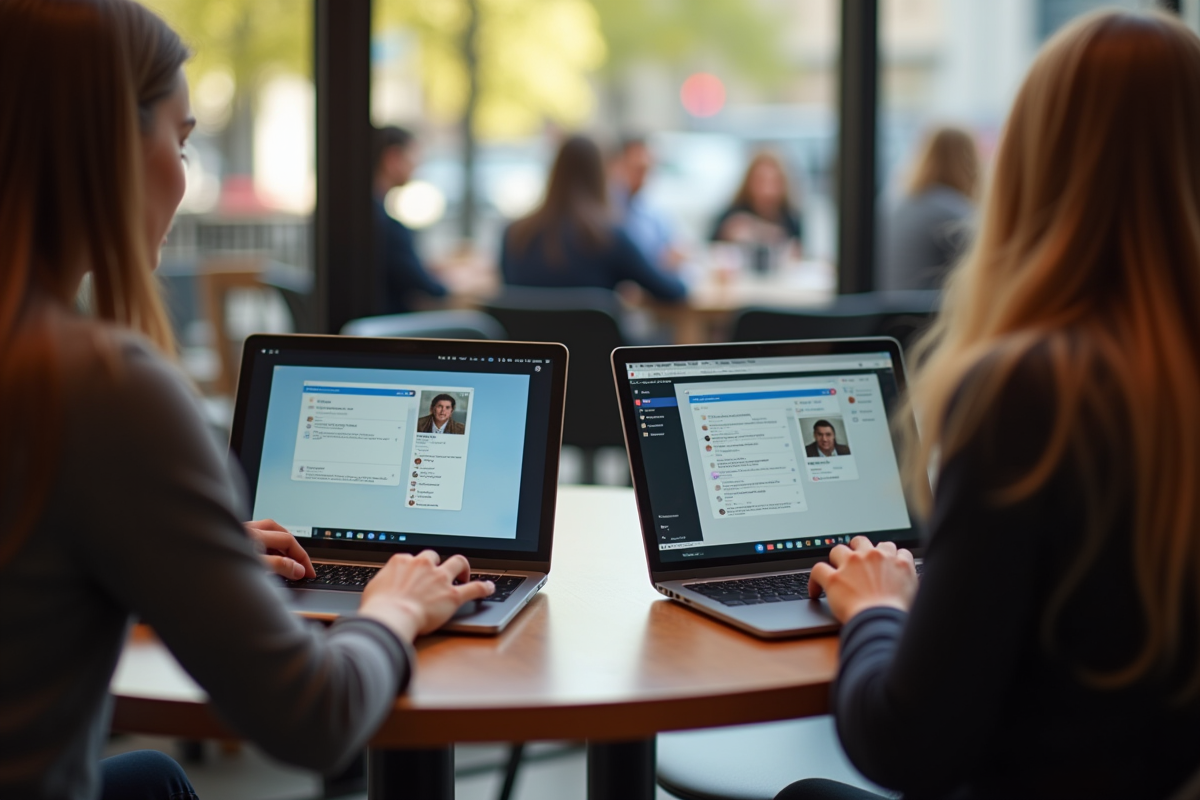Deux personnes discutant via Google Voice sur laptops dans un café