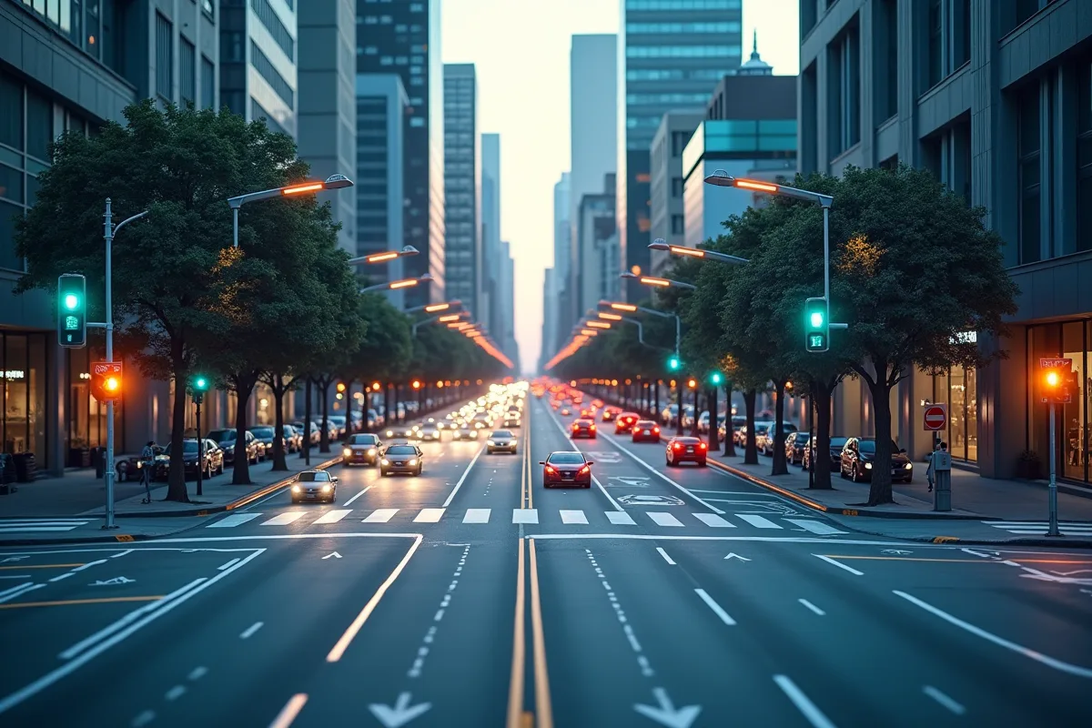 Intersection urbaine moderne avec feux intelligents et véhicules connectes