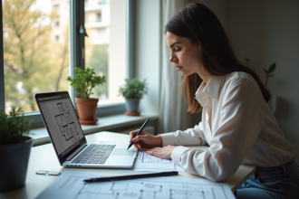Femme dessinant un plan architectural numérique sur son ordinateur