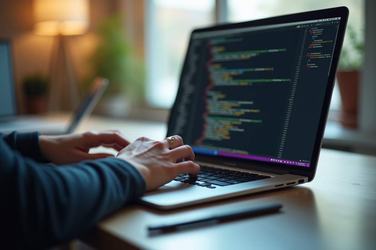Développeur tapant du code lambda sur un ordinateur lumineux