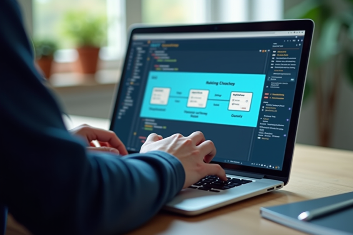 Développeur tapant sur un ordinateur avec diagramme API REST