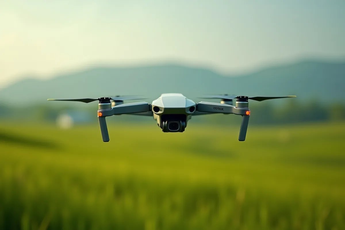 Drone en vol au-dessus d'un paysage vert lumineux