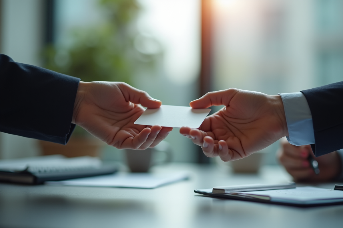 Main échangeant une carte de visite dans un bureau moderne