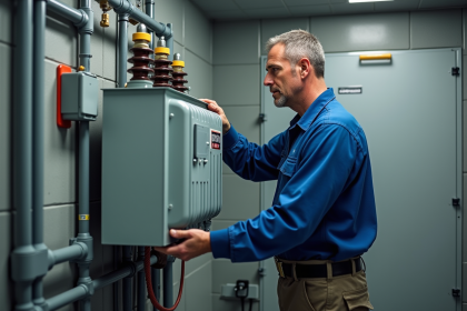 Électricien installant un transformateur électrique dans une salle propre