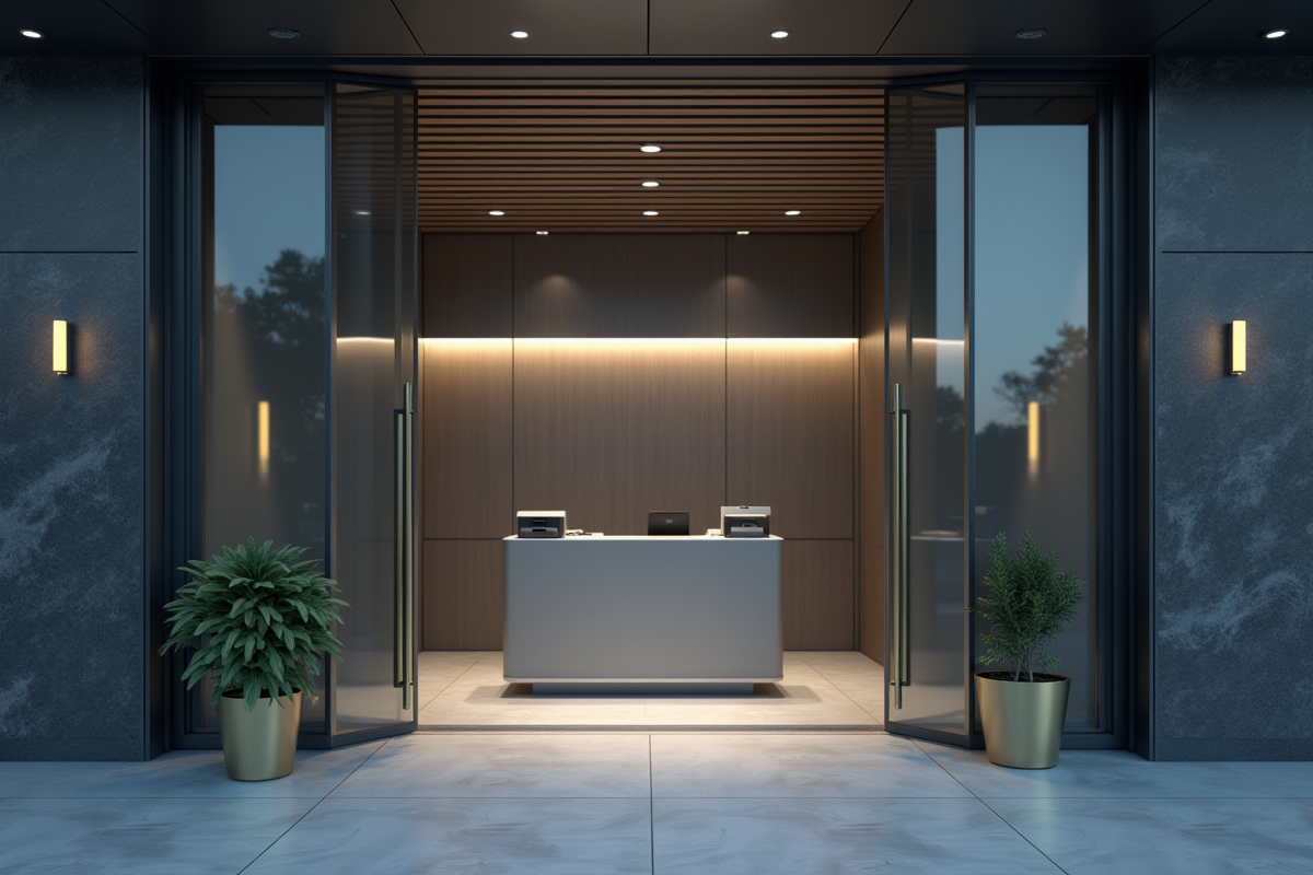 Entrée moderne d'une banque avec portes entrouvertes et réception vide