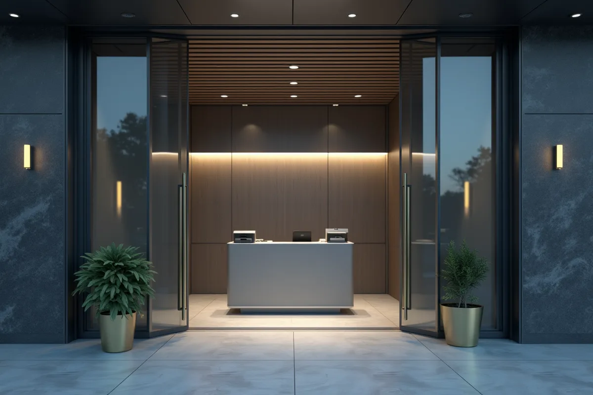 Entrée moderne d'une banque avec portes entrouvertes et réception vide