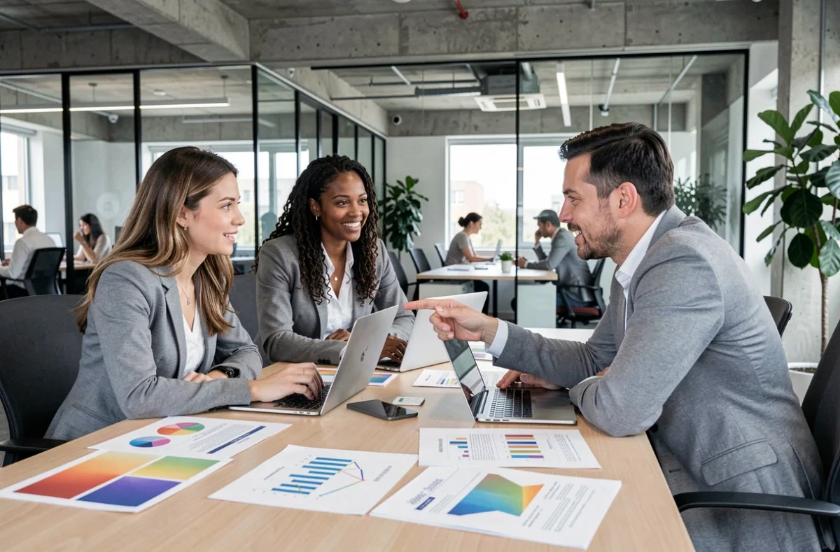 Équipe d'une agence digitale en réunion de stratégie autour d'une table de conférence moderne