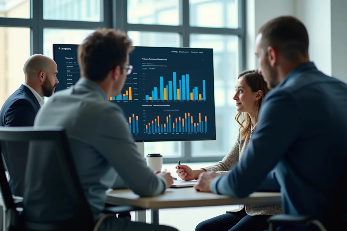 Equipe d affaires analysant des statistiques sur un grand écran en réunion