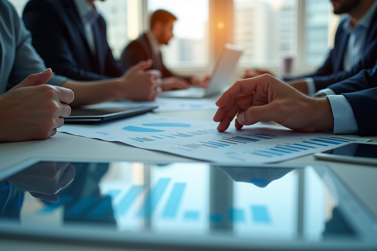 Groupe d'analystes marketing collaborant autour d'une table lumineuse