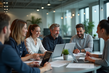 Groupe de professionnels en réunion dans un bureau hightech