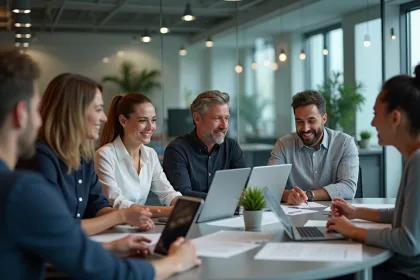 Groupe de professionnels en réunion dans un bureau hightech
