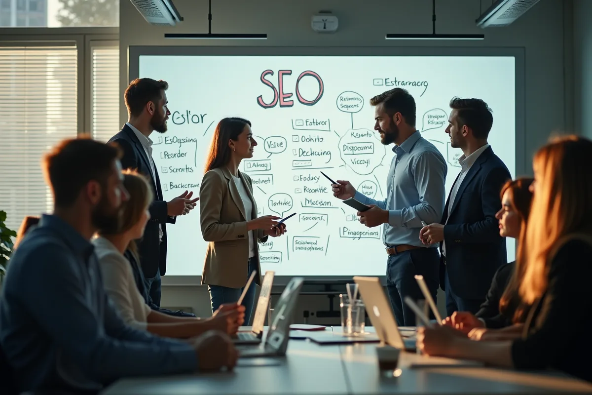 Equipe créative collaborant sur une stratégie SEO sur un tableau blanc