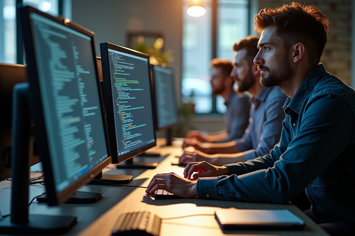 Groupe de développeurs collaborant sur du code en équipe