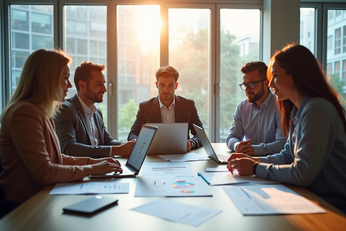 Equipe diversifiee travaillant sur strategie seo en bureau lumineux