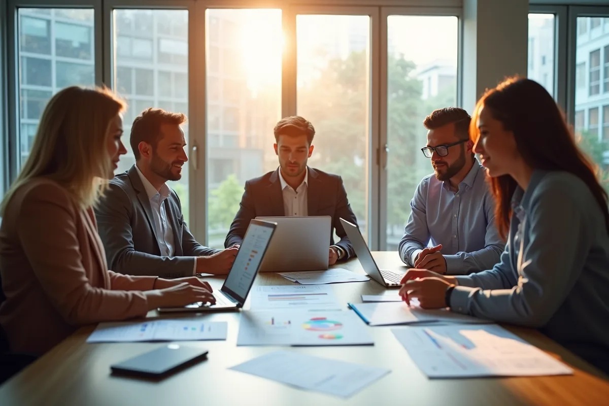 Equipe diversifiee travaillant sur strategie seo en bureau lumineux