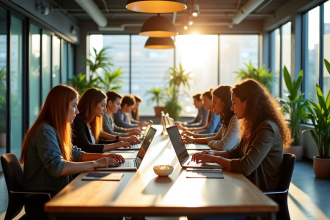 Espace coworking moderne avec divers professionnels au travail