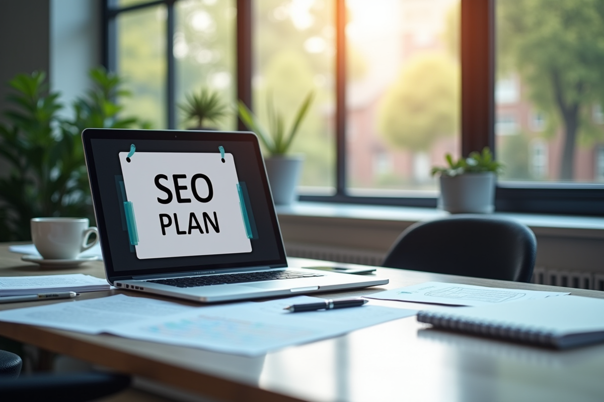 Espace de travail professionnel avec un ordinateur affichant un plan SEO