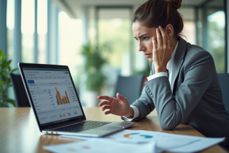 Femme d'affaires analysant une facture sur son ordinateur dans un bureau lumineux