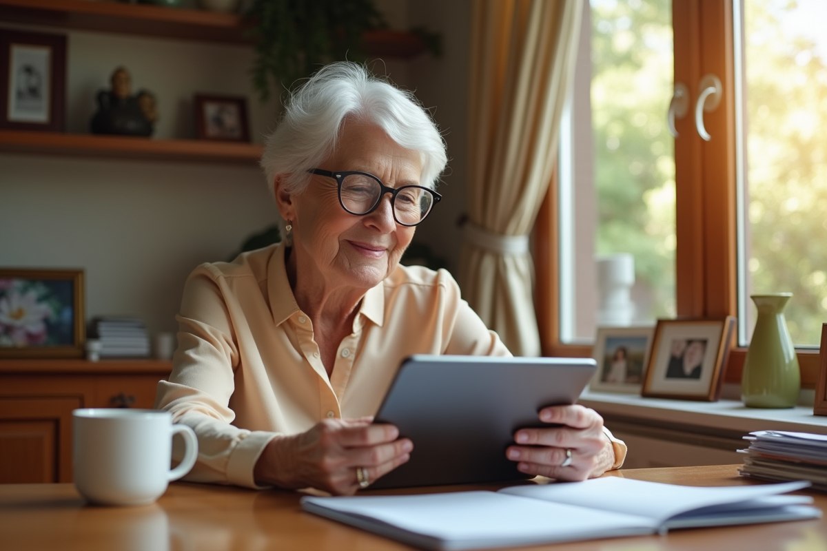 Femme âgée lisant ses emails sur une tablette dans un intérieur chaleureux