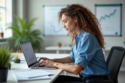 Jeune femme analysant des données sur un ordinateur dans un bureau lumineux